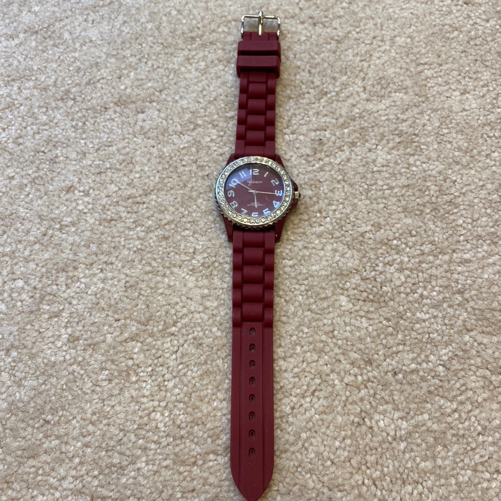 Womens maroon silicone watch with rhinestones